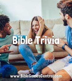 three people sitting on the floor talking to each other with text that reads bible trivia