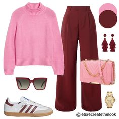 Burgundy Trousers - 10 Outfit Ideas 🐙 Here are 10 more colors that pair well with burgundy! Which is your favorite? As fall approaches it’s time to break out our sweaters. Instead of just pairing them with jeans, here’s a reminder that wide leg trousers are a more elevated option but just as comfortable! So for an elevated casual look, try pairing your sweaters with your trousers! You can still wear your sneakers with them! 😉 So save this post for style inspiration and look in your closet to... Burgundy Color Outfits, Pink Burgundy Outfit, Maroon Wide Leg Pants Outfit, Burgundy Wide Leg Pants Outfit, Pink And Burgundy Outfit