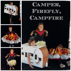 four pictures of children dressed up as camper and firefly, with text overlay that says camper, firefly, campfire