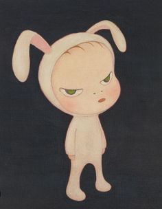 a drawing of a rabbit with green eyes and ears, standing in the dark looking at something