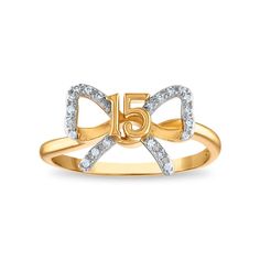 1/16 CTW Diamond Quinceanera Bow &quot;15&quot; Ring in 10KT Yellow Gold Quincenera Rings 15, 15 Rings Quinceanera Butterfly, 15 Quince Rings, 15 Quinceanera Ring, 15 Rings Quinceanera Gold, 15 Rings, 15th Birthday, Quinceanera, Types Of Metal