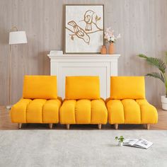 a living room scene with focus on the yellow couch