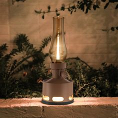 a light that is sitting on top of a brick wall in front of some plants