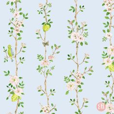 a blue wallpaper with birds and flowers on it's branches, along with the letter b