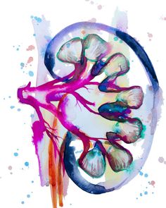 an abstract painting with watercolors and paint splatters on it, depicting the inside of a human heart