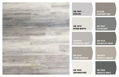 the different shades of wood flooring are shown in this color scheme, including gray and white