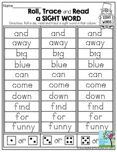 roll trace and read sight word worksheet for kids to practice their spelling skills