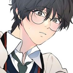 an anime boy with glasses and a tie is looking at the camera while holding his hand up