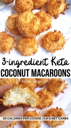 coconut macaroni and cheese bites on a white plate with text overlay that reads 3 ingredient keto coconut macaroons