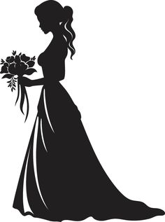 a woman in a wedding dress holding a bouquet of flowers silhouetted against a white background