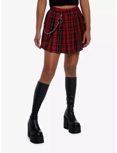 Social Collision Red Plaid Side Chain Pleated Skirt Skirts Hot, Red Plaid Skirt, Clothing Wishlist, Plaid Pleated Skirt, Tall Hoodies, Goth Outfits, Socks And Tights, Sweaters And Jeans, Hoodie Girl