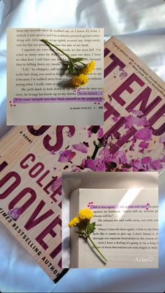 the book is open and has flowers in it on top of an opened book cover