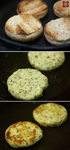 three different views of food being cooked in a frying pan and then fried tofu patties