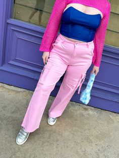 The pants that GO WITH EVERYTHING. Our Baby Pink Cargos are the perfect mix of cool-girl and girlie style. You will love these for their flattering high-waisted fit, cool pockets, and soft pink color. We paired ours with the Ombre Rainbow Mesh Top. The coolest cargos around Soft baby pink color They have POCKETS Flattering high-waisted fit Some stretch Cool girl energy incoming... True to size 97% Cotton 3%Spandex Kate is 5'9 wearing a large and typically wears a large. Haley is 5'3 and wears a Pink Cargos, Cool Pockets, Pink Cargo Pants, Girl Energy, Baby Pink Color, Baby Pink Colour, Soft Pink Color, Girlie Style, Neutral Outfit