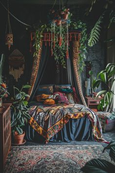 a canopy bed with plants hanging from it's sides in a room filled with potted plants