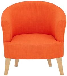 an orange chair with wooden legs on a white background