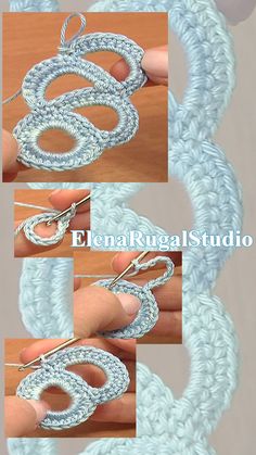 the instructions for crocheted earrings are shown in three different pictures, one is being held