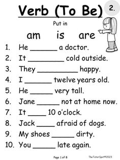 the verb to be worksheet is shown in black and white, with an image of