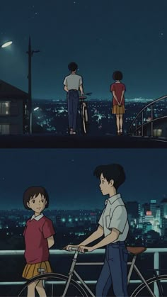 two people riding bikes in front of a city at night and the same person on a bicycle