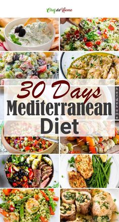 the cover of 30 days mediterranean diet, with pictures of different foods and vegetables in it