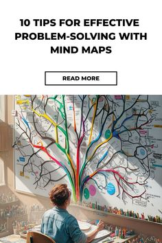 a person sitting at a desk with a map on the wall behind them and text reading 10 tips for effective problem - solveing with mind maps