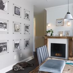 a cat laying on the floor in front of a fireplace with many framed pictures above it