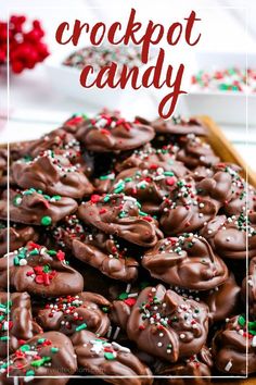 chocolate crockpot candy with sprinkles in the middle on a plate