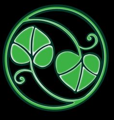 a green celtic symbol with three leafed clovers in the center on a black background