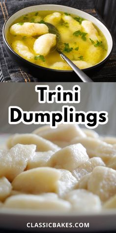 two pictures with different types of dumplings in them and the words, trini dumplings