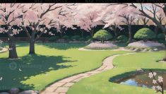 a painting of a park with trees and flowers