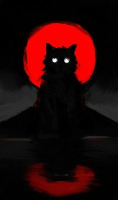 a black cat with glowing eyes sitting in front of a red moon and dark background