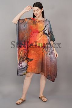 Georgette Kaftan, Resort Wear Beach, Hand Printing, Boho Beach Dress, Long Kaftan, Orange Grey, Dress Boho, Grey Shorts, Beach Dress