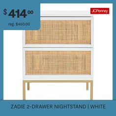 An icon of modern coastal chic, this Zadie nightstand refreshes any contemporary bedroom. Zadie's parson's-inspired frame is beautifully offset by the organically woven details on its two spacious drawers, creating compelling visual intrigue.Number of Drawers: 2Features: StorageJoinery: Screwed, Nailed, GluedTools Required: Allen Wrench (included), Screws (included)Measurements: 16 Depth/Inches, 23 Height/Inches, 18 Width/InchesWeight (lb.): 26 LbAssembly: Assembly RequiredBase Material: 100% W… Palms Nightstand, Mira Cane Nightstand, Serena And Lily Atelier Nightstand, White And Rattan Nightstand, White Rattan Bedside Table, Nightstand White, Allen Wrench, White Nightstand, Nightstand Storage