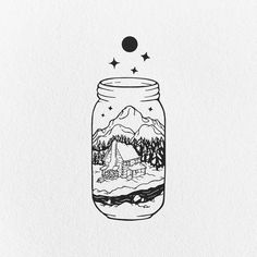 a jar filled with water sitting on top of a white paper covered wall next to a black and white drawing of mountains