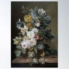 a still life with flowers in a vase on a ledge by an unknown artist poster