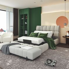 a modern bedroom with green and white decor, including a large bed in the center