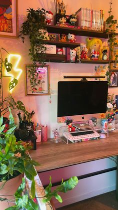 Art studio home office desk setup anime and studio ghibli inspired Pc Living Room Setup, Gaming And Art Setup, Indie Office Decor, Desk Setup Maximalist, Small Art Desk Setup, Desk Setup Artist, Colorful Gaming Setup, Japanese Desk Setup, Cute Gamer Setup