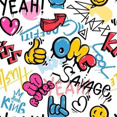 an image of colorful graffiti wallpaper with thumbs up and other symbols on it's surface