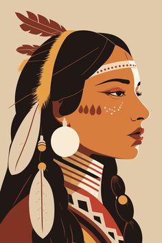 an native american woman with feathers on her head and earring, looking off to the side