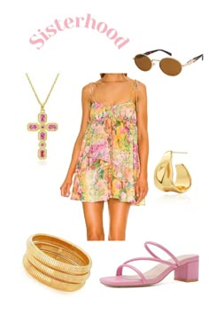 a woman in a floral dress and sunglasses is wearing pink sandals, a gold bracelet, and