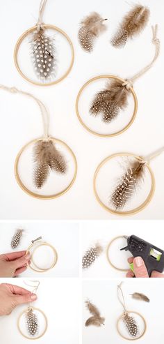 the instructions to make a diy feather ornament with yarn and wood hoop