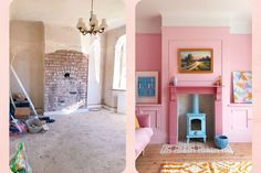 two pictures of a living room with pink walls and wood burning stove in the corner