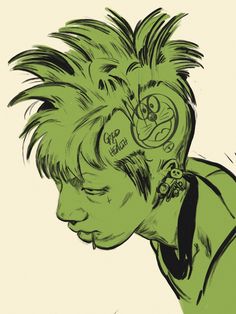 a drawing of a man with green hair