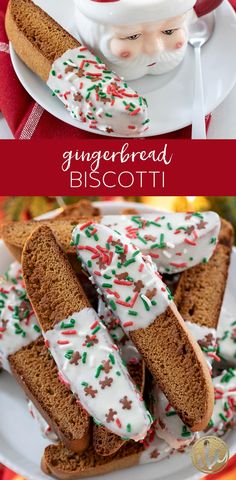 gingerbread biscotti with white frosting and sprinkles on top