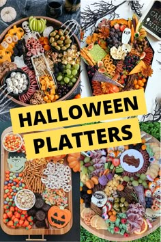 halloween platters with pumpkins, grapes and other foods