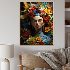 a woman with flowers in her hair is featured on a wall above a bed and lamp