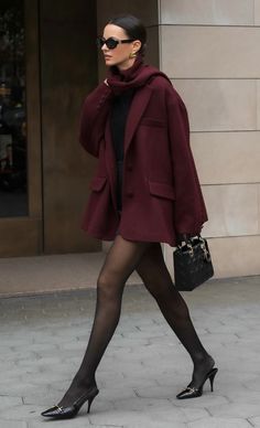 Red Dress Black Heels Outfit, Cherry Red Fashion Aesthetic, Cherry Tights Outfit, Cherry Style Outfit, Burgundy Red Outfit, Cherry Red Outfit Aesthetic, Cherry Red Fashion, Winter Heels Outfit, Outfit Paris Invierno