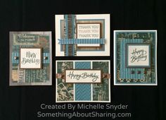 four different cards with the words happy birthday written on them, all in blue and brown