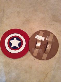 two paper plates that are shaped like captain america and the other one has a star on it