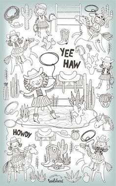 an image of a coloring page with cactuses and people in the background that says yee haw